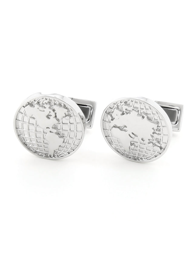World map rhodium cufflinks globe trotter II