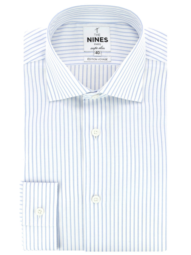 Wrinkle-free Italian collar shirt with sky blue stripes