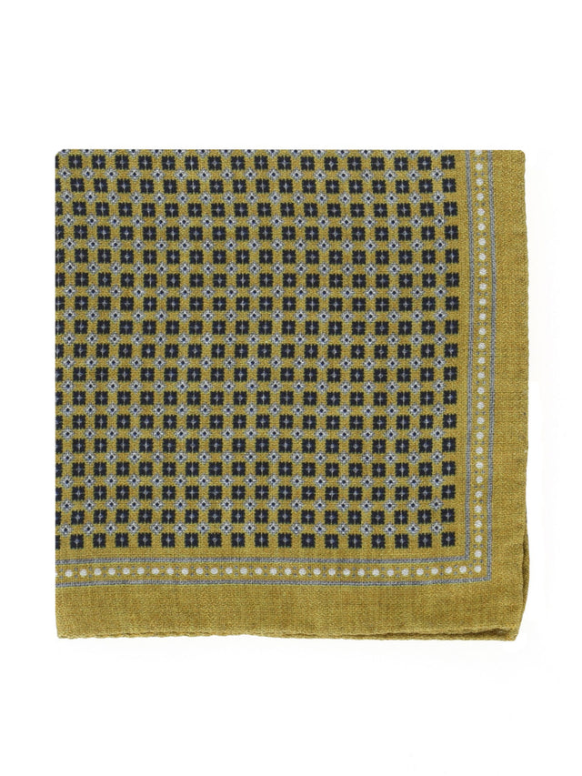Yellow silk pocket square with blue square patterns