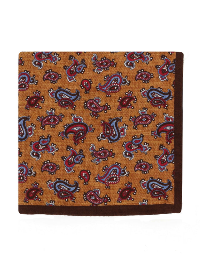 Yellow silk pocket square with paisley patterns
